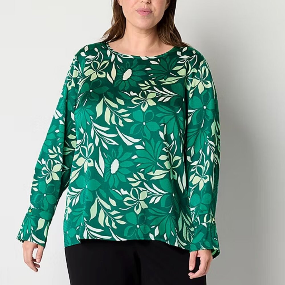 Liz Claiborne Womens Round Neck Long Sleeve Satin Blouse - Green Sz 2X 925371
